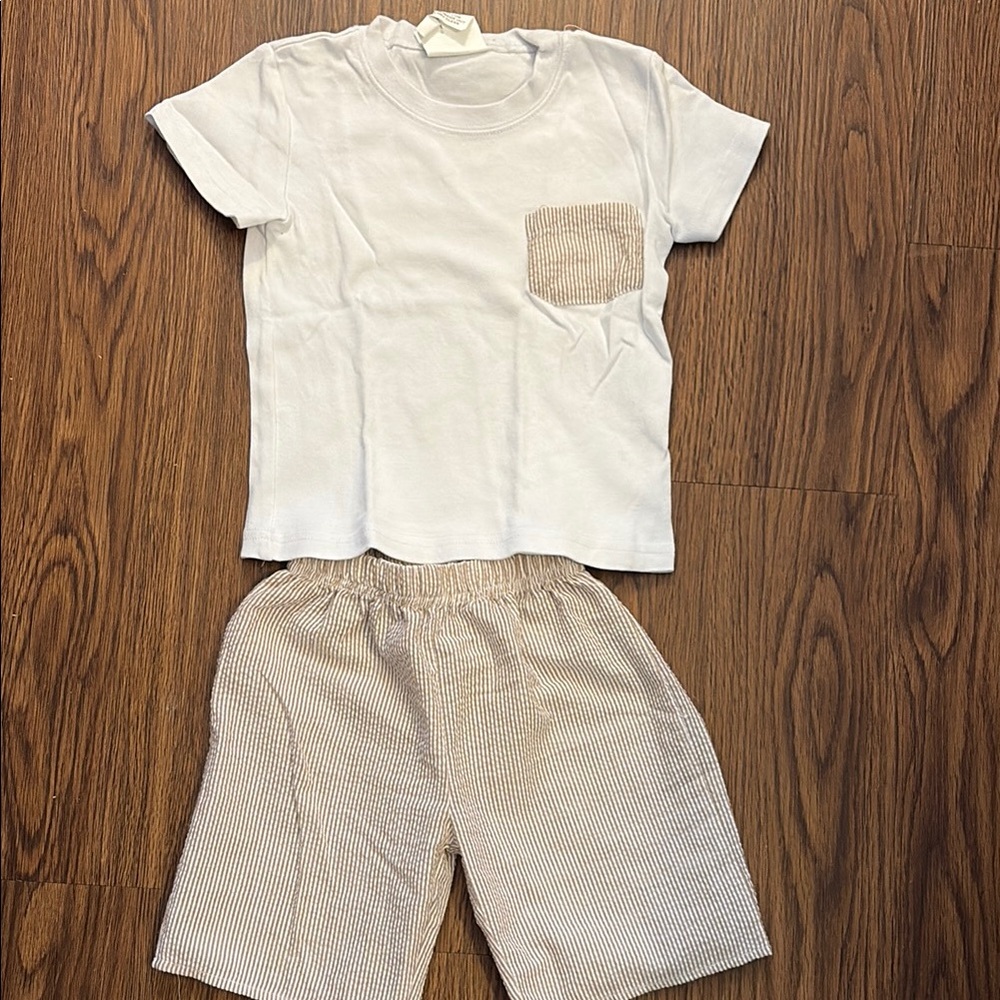 White T-Shirt and Brown Seersucker Shorts Set